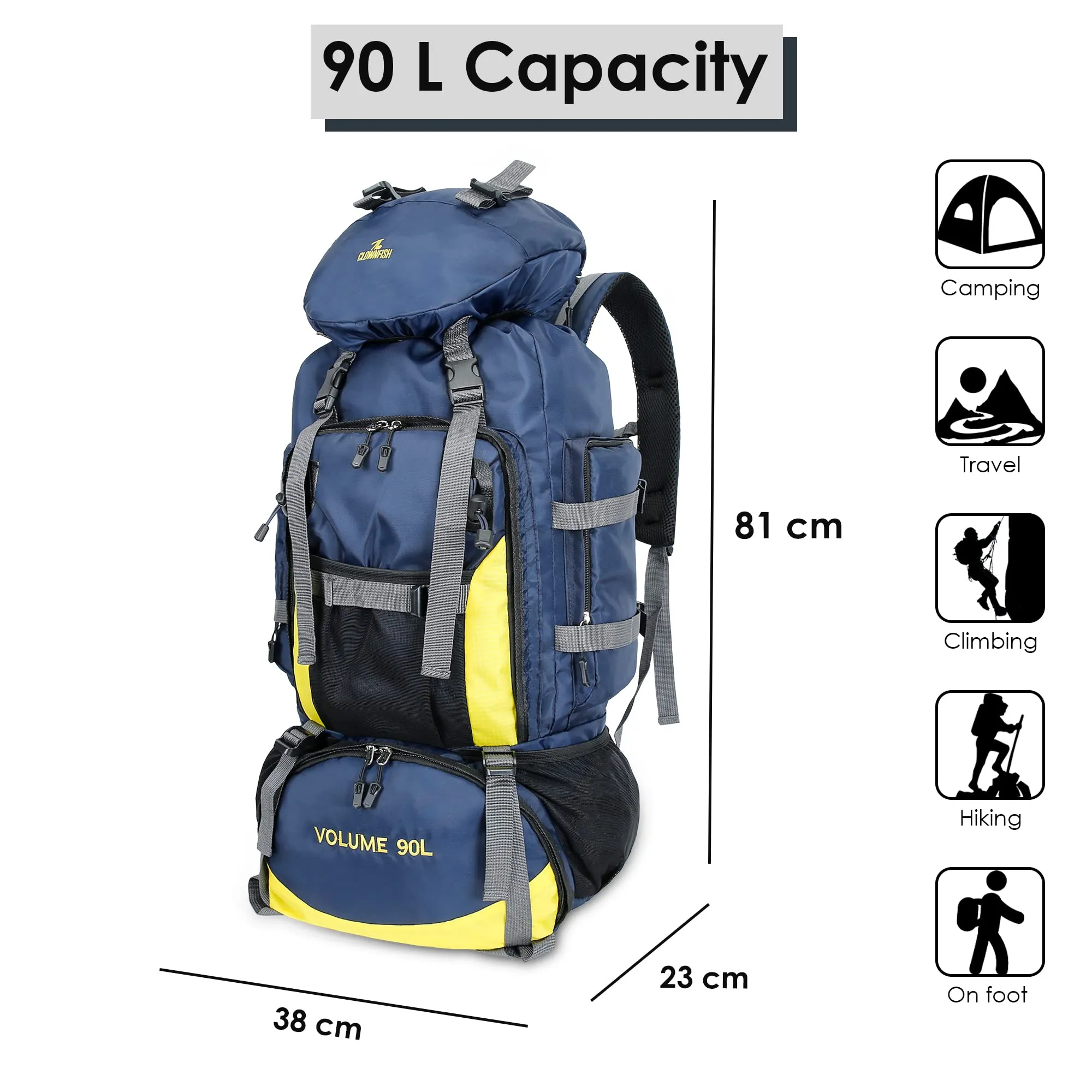 THE CLOWNFISH Summit Seeker Backpack - Water Resistant | Large Capacity 90L | Dark Blue