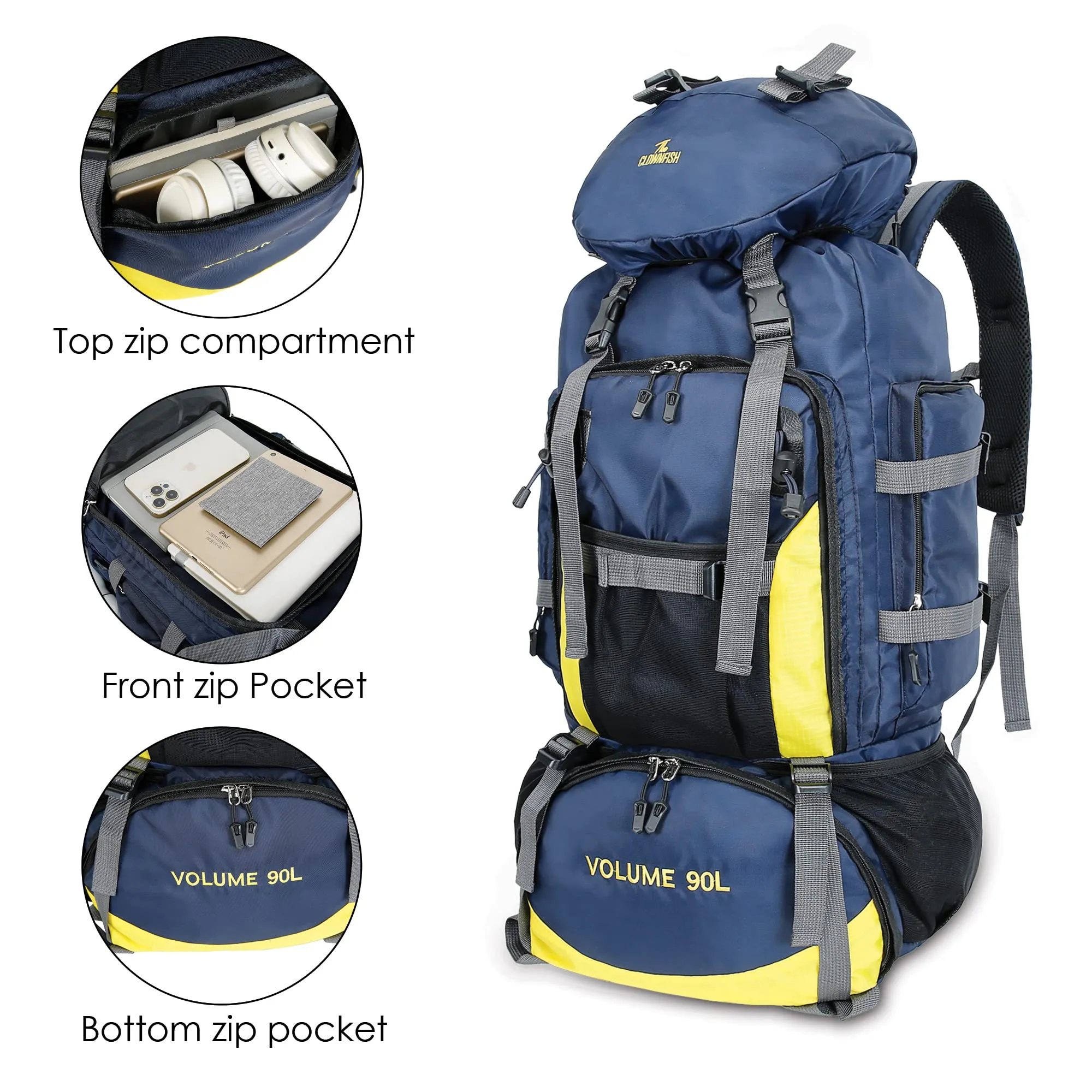 THE CLOWNFISH Summit Seeker Backpack - Water Resistant | Large Capacity 90L | Dark Blue