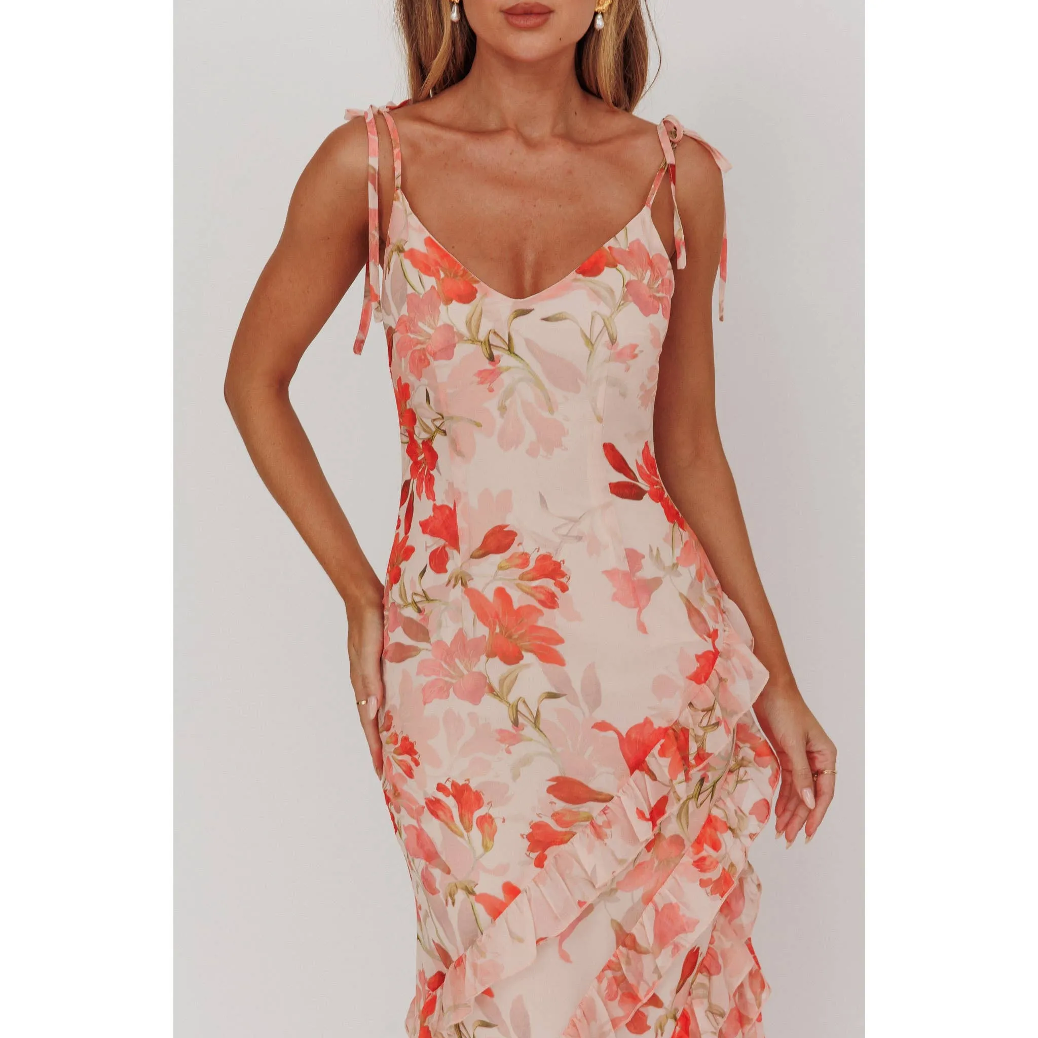 Tied Shoulder Floral Maxi Dress