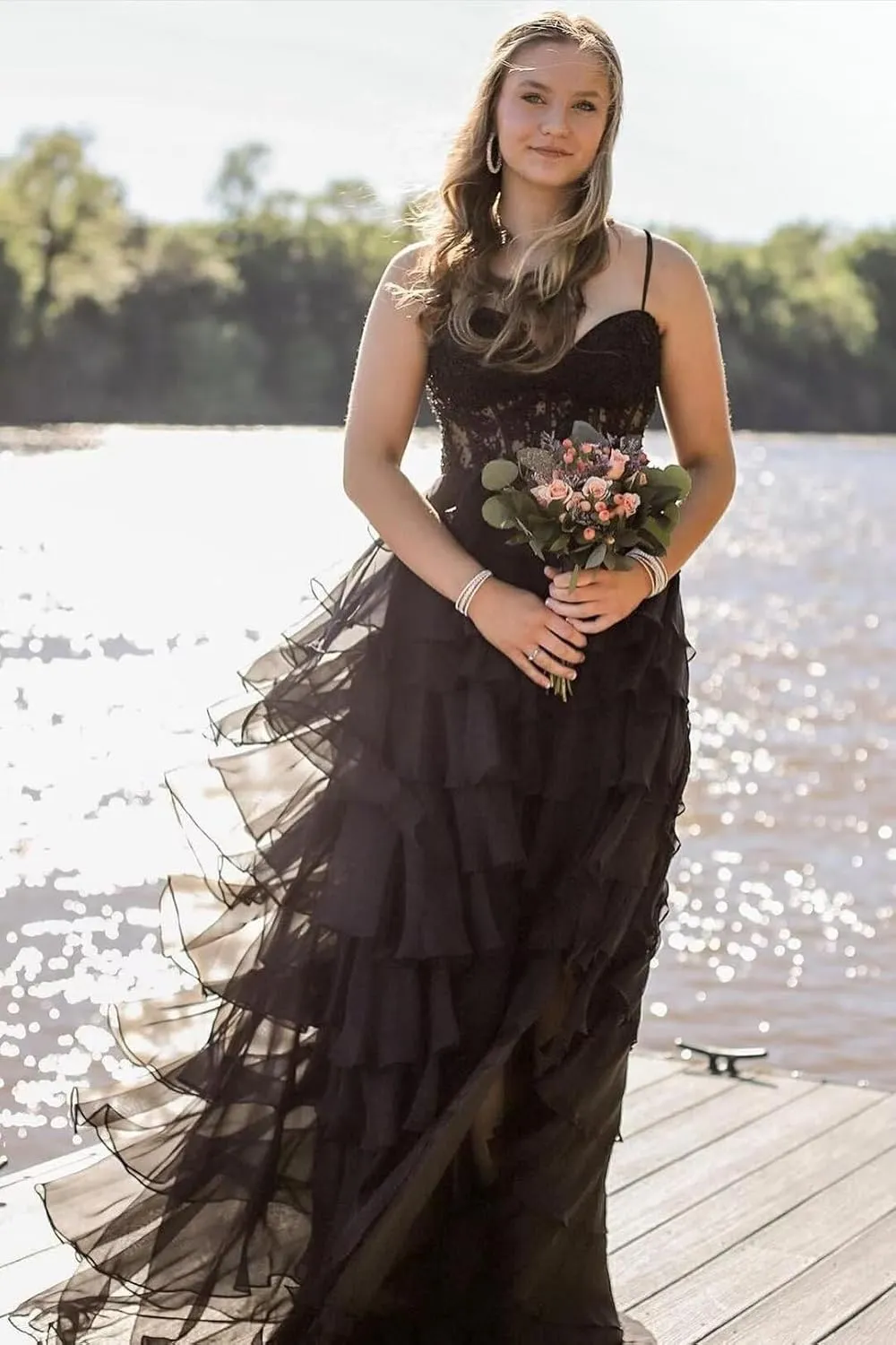 Tiered Prom Dress Lace Applique Corset Spaghetti Straps Ruffle Chiffon Formal Evening Gowns with Slit