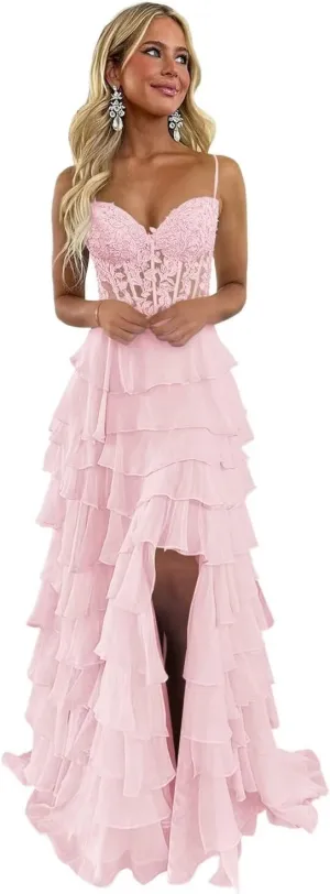 Tiered Prom Dress Lace Applique Corset Spaghetti Straps Ruffle Chiffon Formal Evening Gowns with Slit
