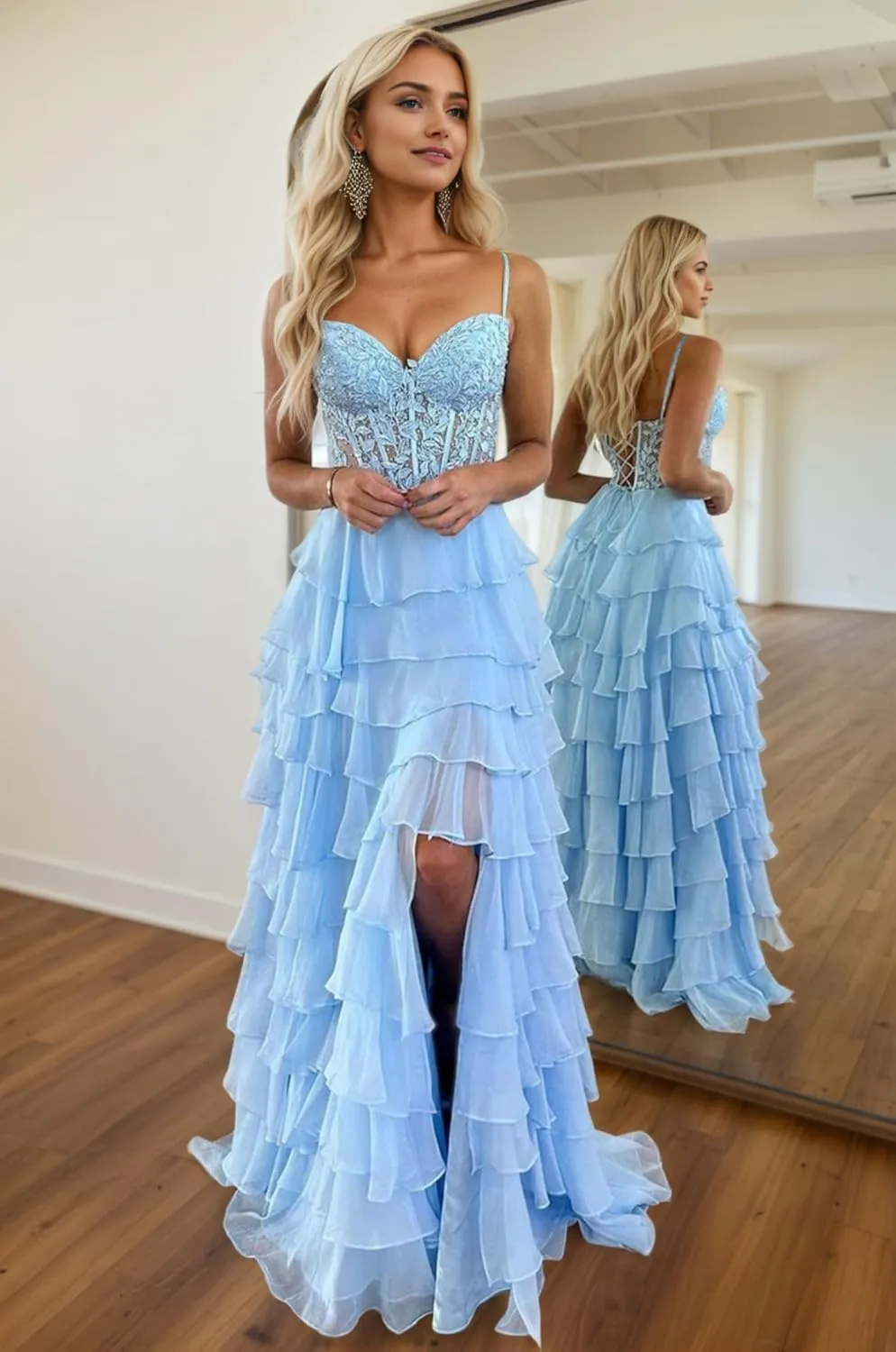 Tiered Prom Dress Lace Applique Corset Spaghetti Straps Ruffle Chiffon Formal Evening Gowns with Slit