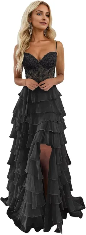 Tiered Prom Dress Lace Applique Corset Spaghetti Straps Ruffle Chiffon Formal Evening Gowns with Slit