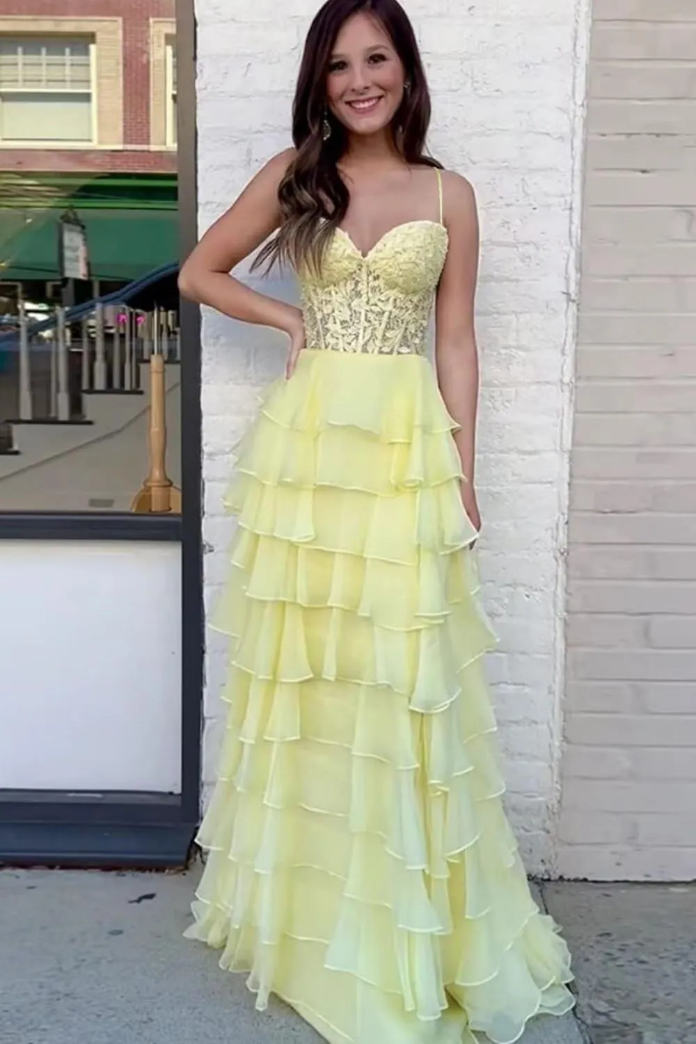 Tiered Prom Dress Lace Applique Corset Spaghetti Straps Ruffle Chiffon Formal Evening Gowns with Slit