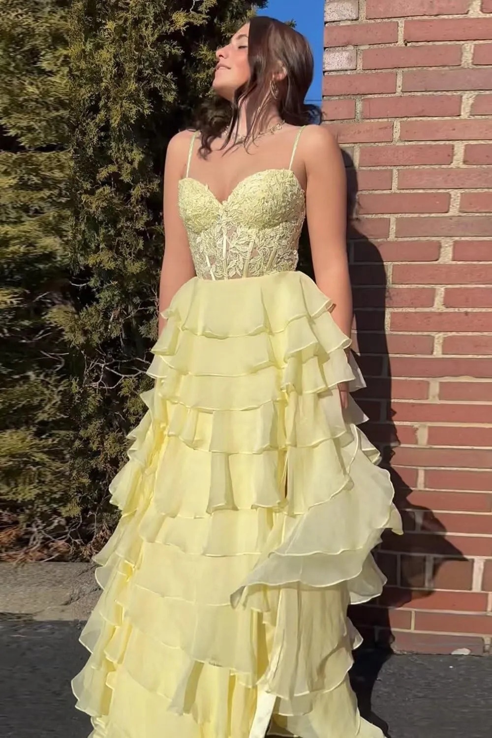 Tiered Prom Dress Lace Applique Corset Spaghetti Straps Ruffle Chiffon Formal Evening Gowns with Slit