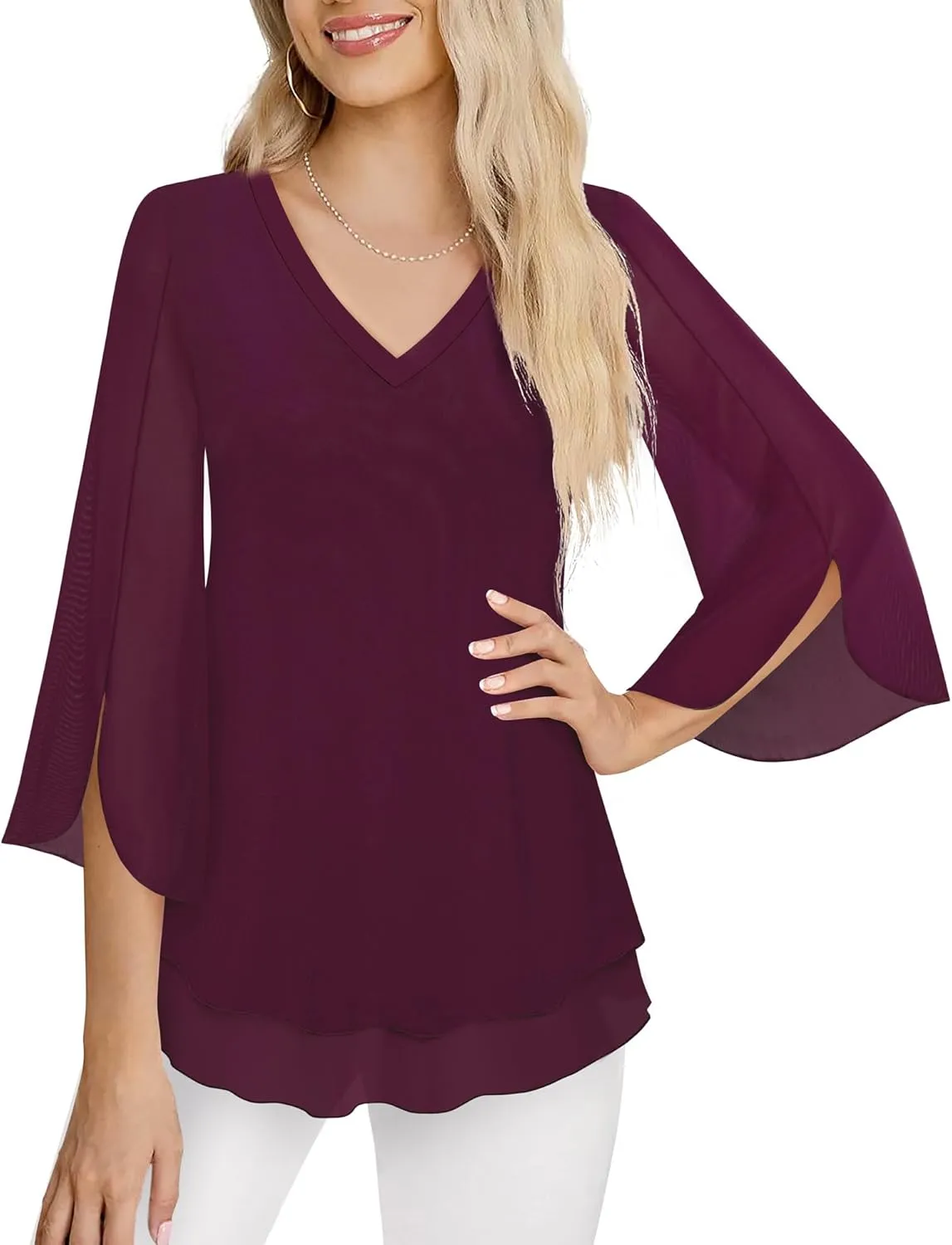Timeson Women's 3/4 Sleeve Floral Blouses Shirts Double Layers V Neck Dressy Tunics Tops