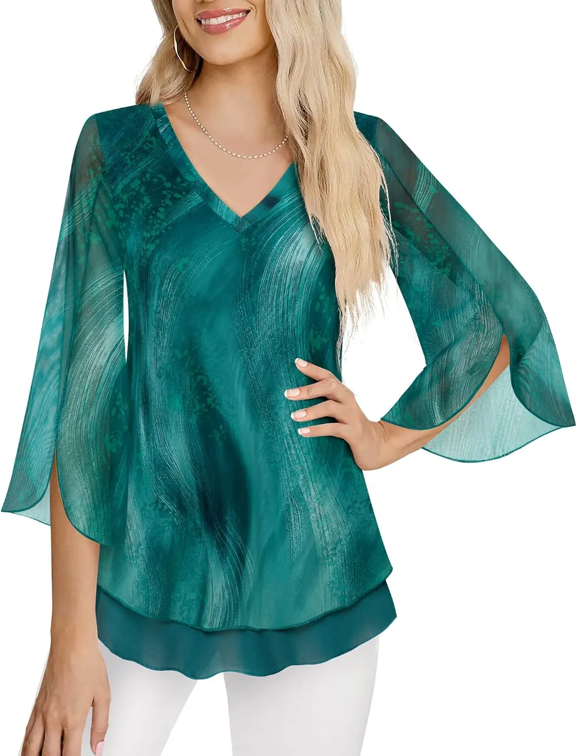 Timeson Women's 3/4 Sleeve Floral Blouses Shirts Double Layers V Neck Dressy Tunics Tops