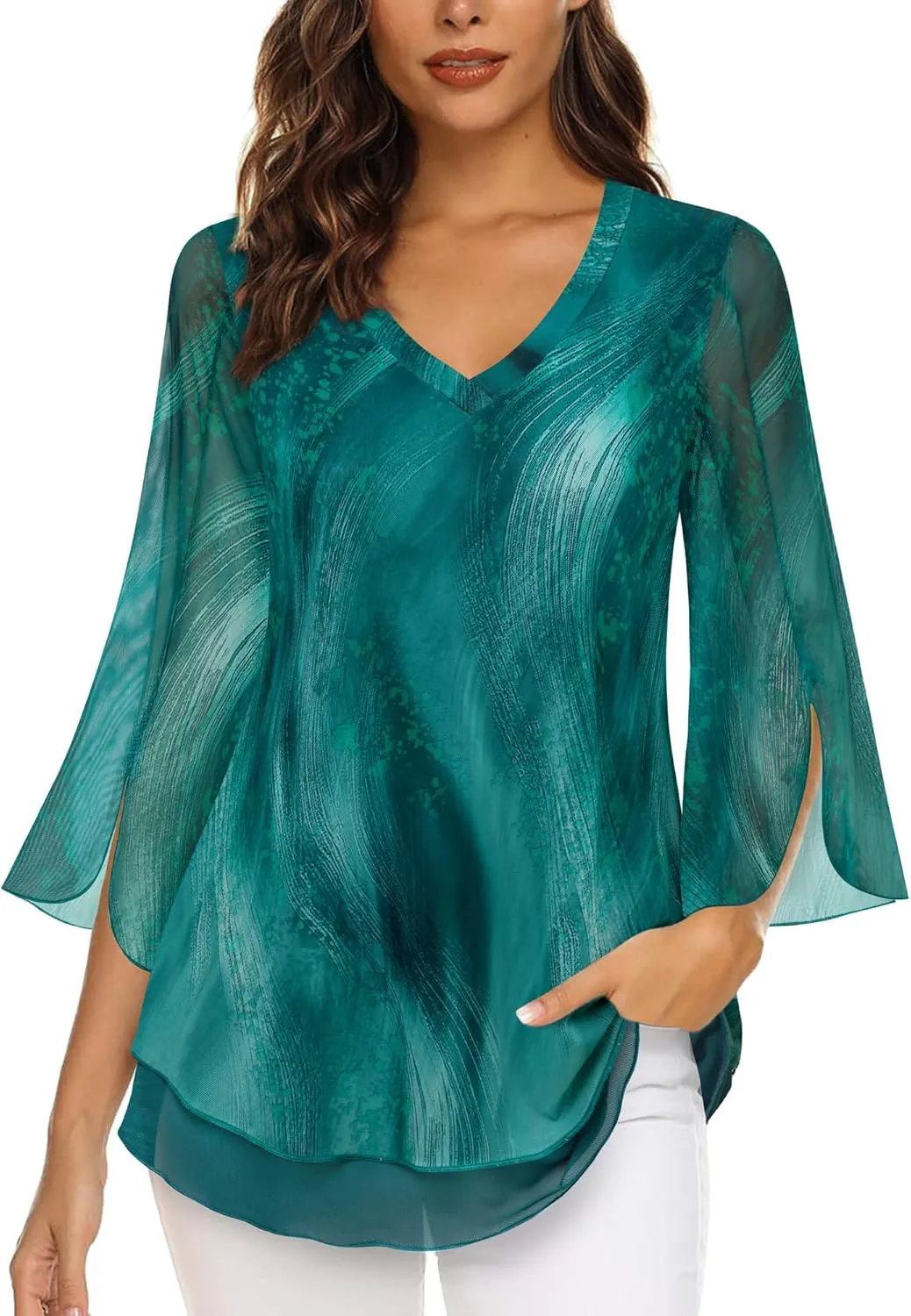 Timeson Women's 3/4 Sleeve Floral Blouses Shirts Double Layers V Neck Dressy Tunics Tops