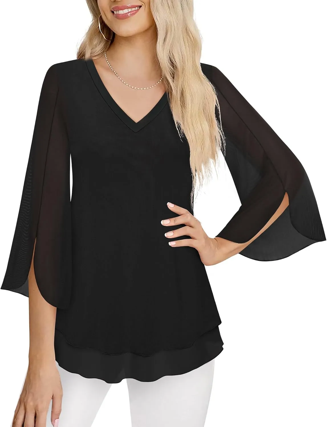 Timeson Women's 3/4 Sleeve Floral Blouses Shirts Double Layers V Neck Dressy Tunics Tops