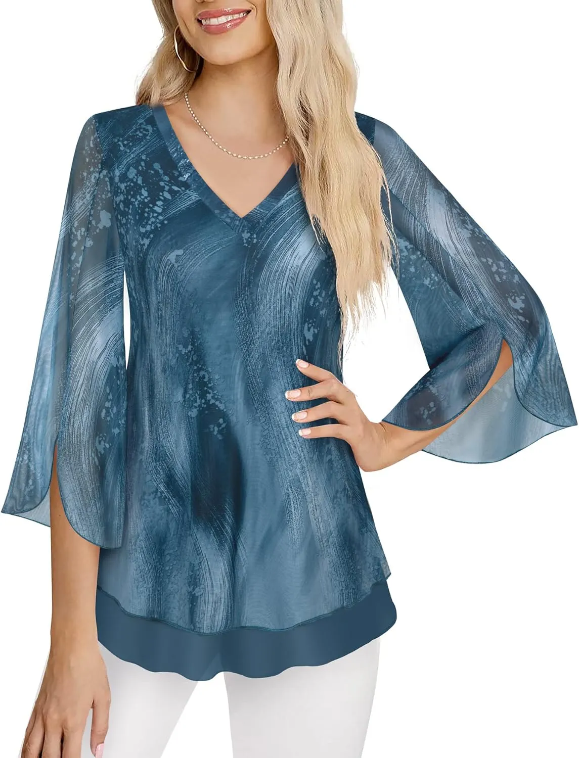 Timeson Women's 3/4 Sleeve Floral Blouses Shirts Double Layers V Neck Dressy Tunics Tops