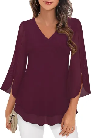 Timeson Women's 3/4 Sleeve Floral Blouses Shirts Double Layers V Neck Dressy Tunics Tops
