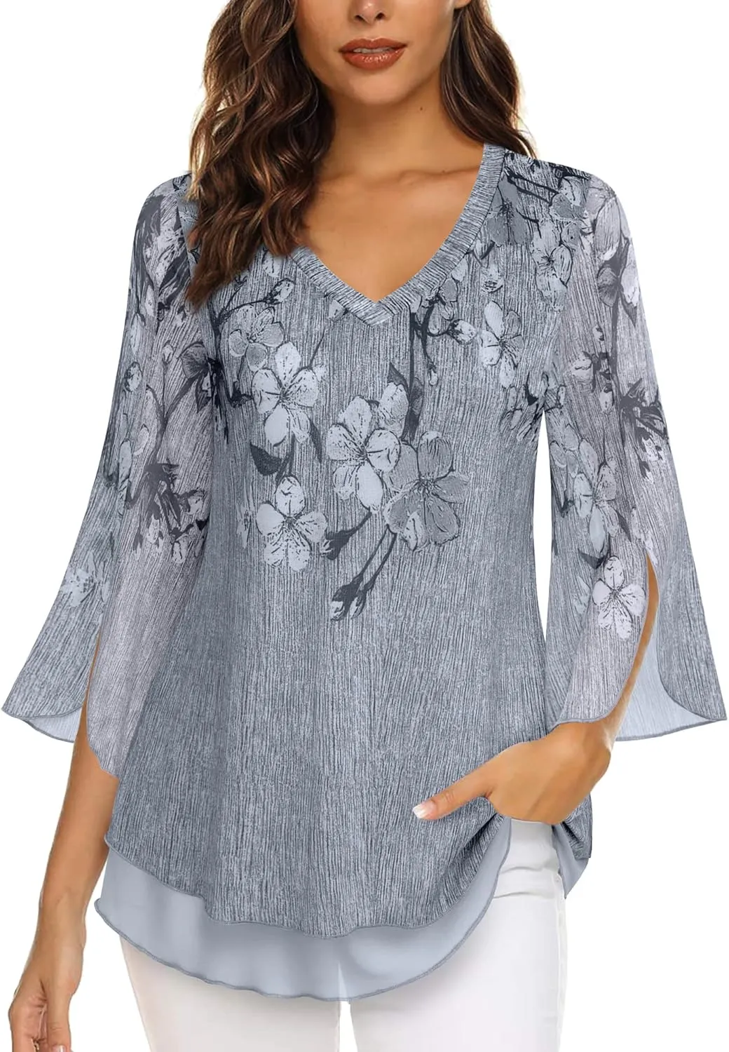 Timeson Women's 3/4 Sleeve Floral Blouses Shirts Double Layers V Neck Dressy Tunics Tops
