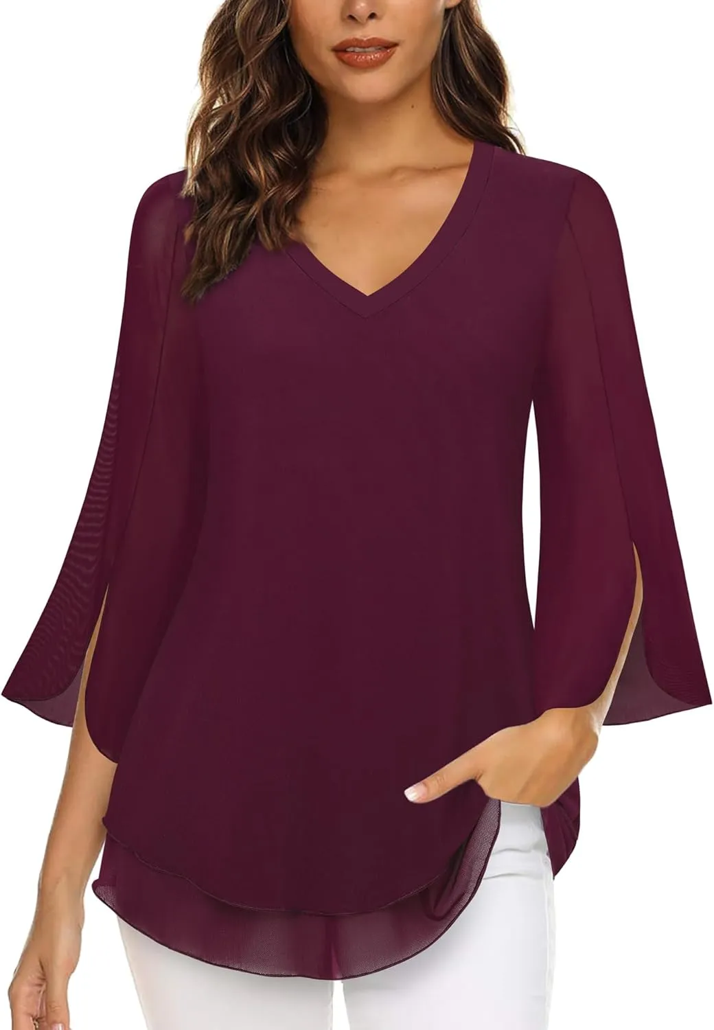 Timeson Women's 3/4 Sleeve Floral Blouses Shirts Double Layers V Neck Dressy Tunics Tops