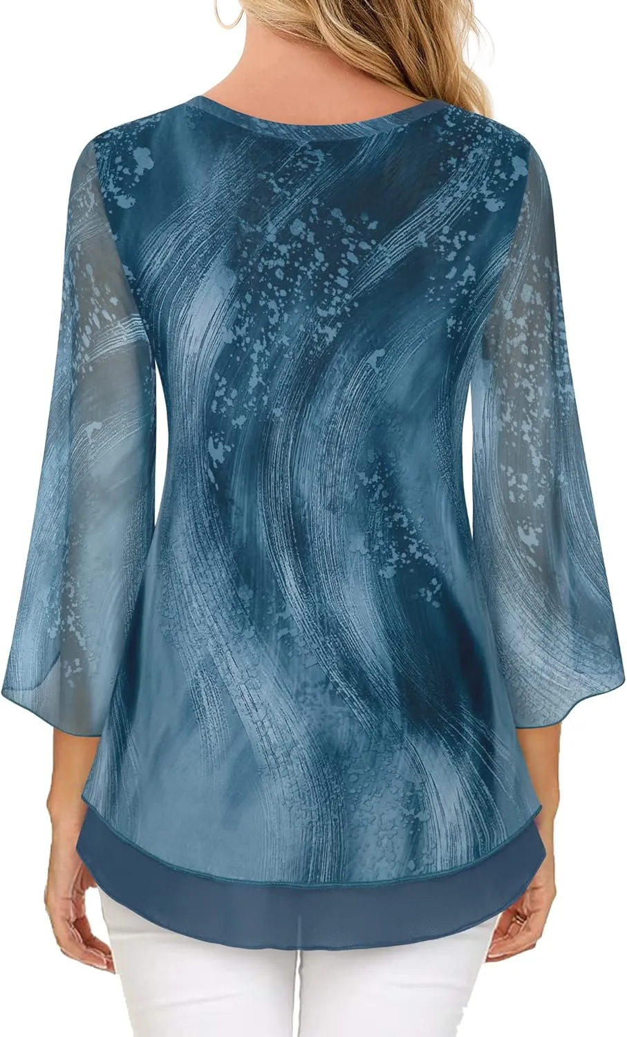 Timeson Women's 3/4 Sleeve Floral Blouses Shirts Double Layers V Neck Dressy Tunics Tops