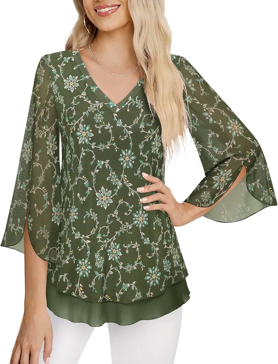 Timeson Women's 3/4 Sleeve Floral Blouses Shirts Double Layers V Neck Dressy Tunics Tops