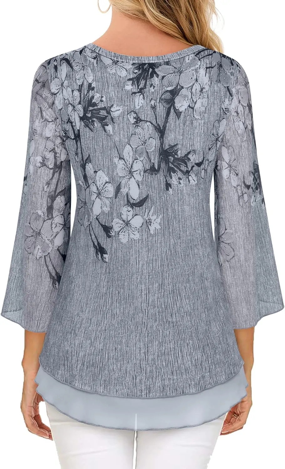 Timeson Women's 3/4 Sleeve Floral Blouses Shirts Double Layers V Neck Dressy Tunics Tops