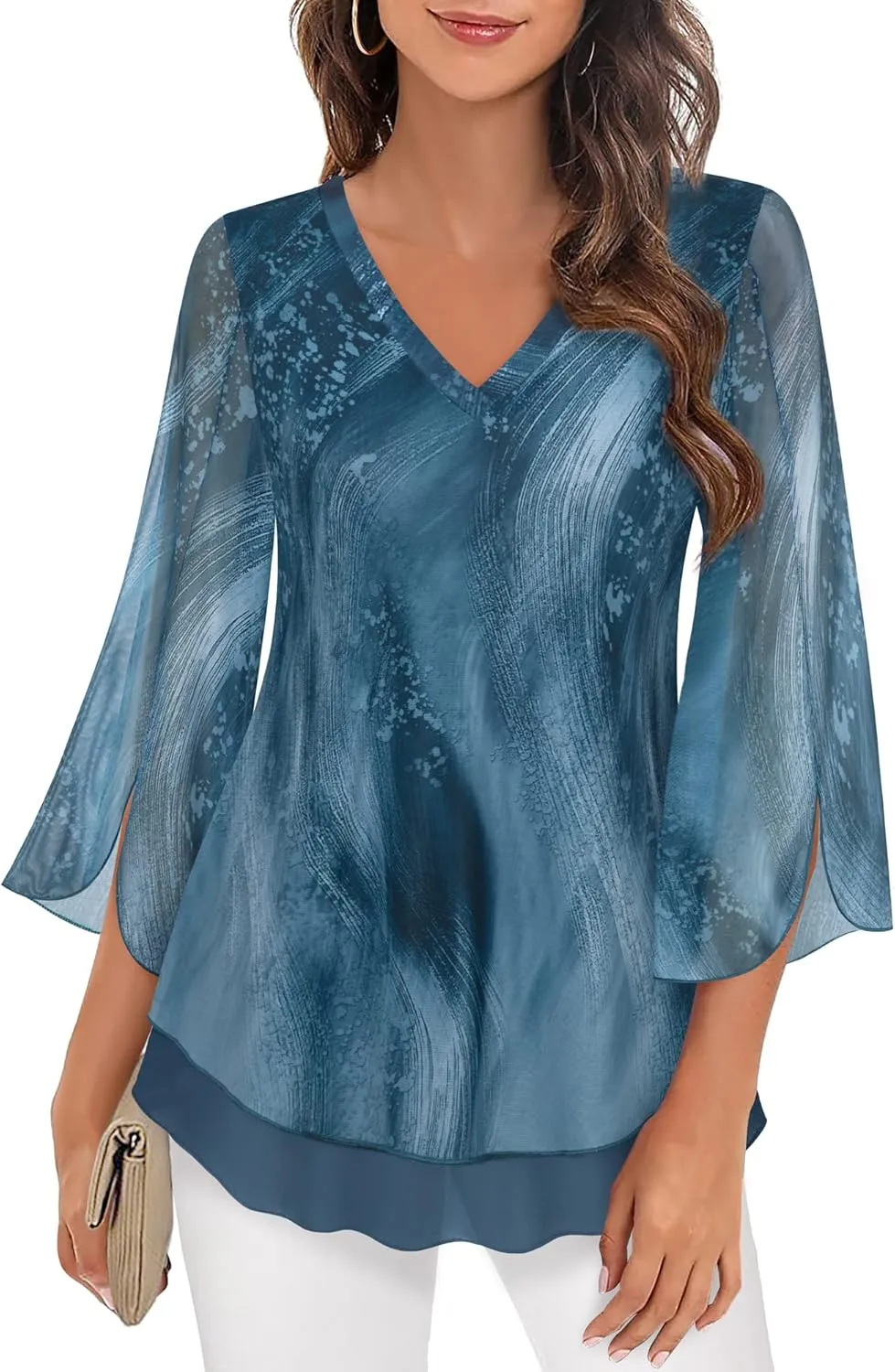Timeson Women's 3/4 Sleeve Floral Blouses Shirts Double Layers V Neck Dressy Tunics Tops