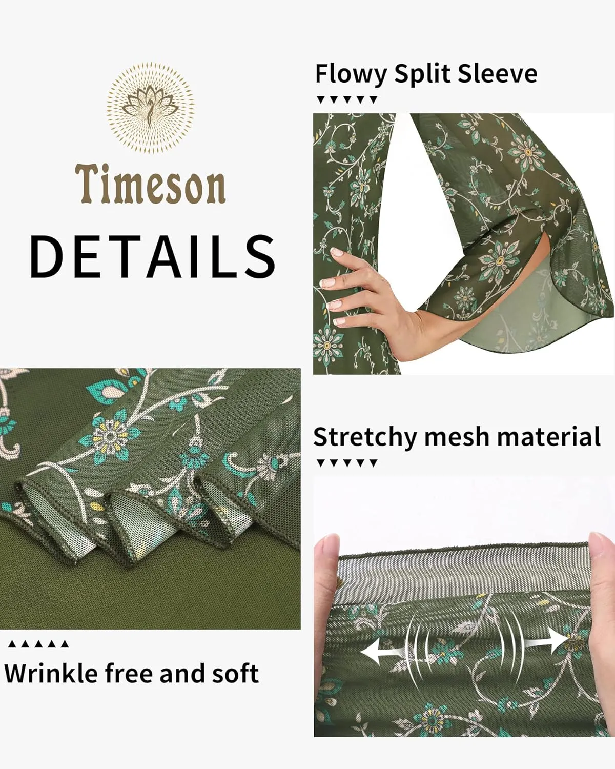 Timeson Women's 3/4 Sleeve Floral Blouses Shirts Double Layers V Neck Dressy Tunics Tops