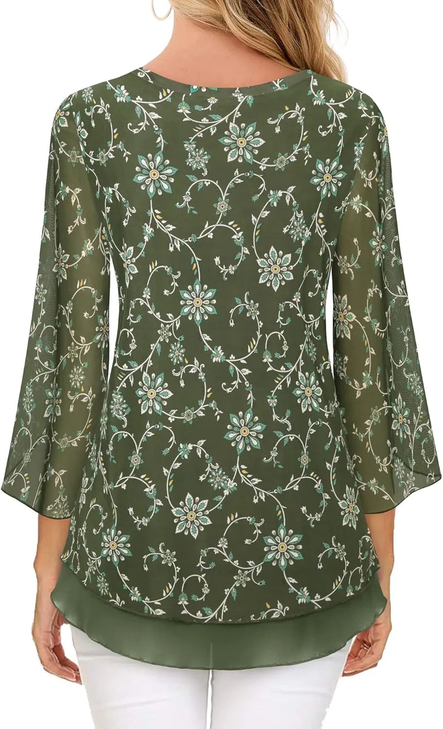 Timeson Women's 3/4 Sleeve Floral Blouses Shirts Double Layers V Neck Dressy Tunics Tops