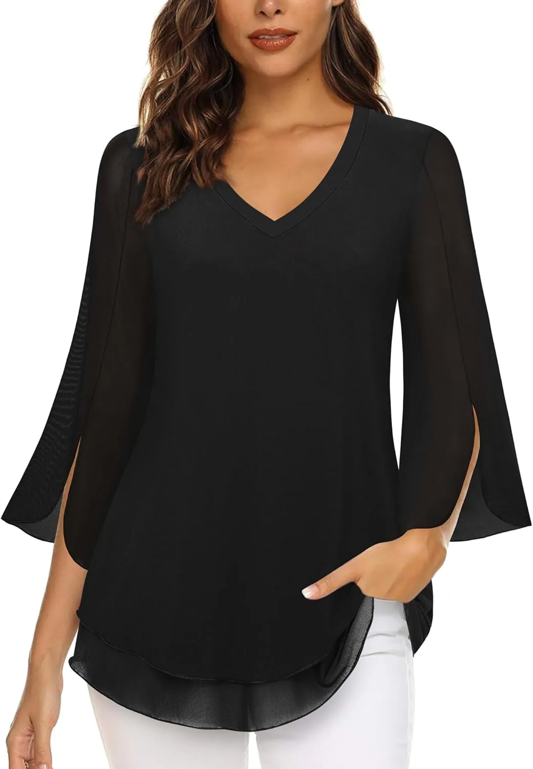 Timeson Women's 3/4 Sleeve Floral Blouses Shirts Double Layers V Neck Dressy Tunics Tops