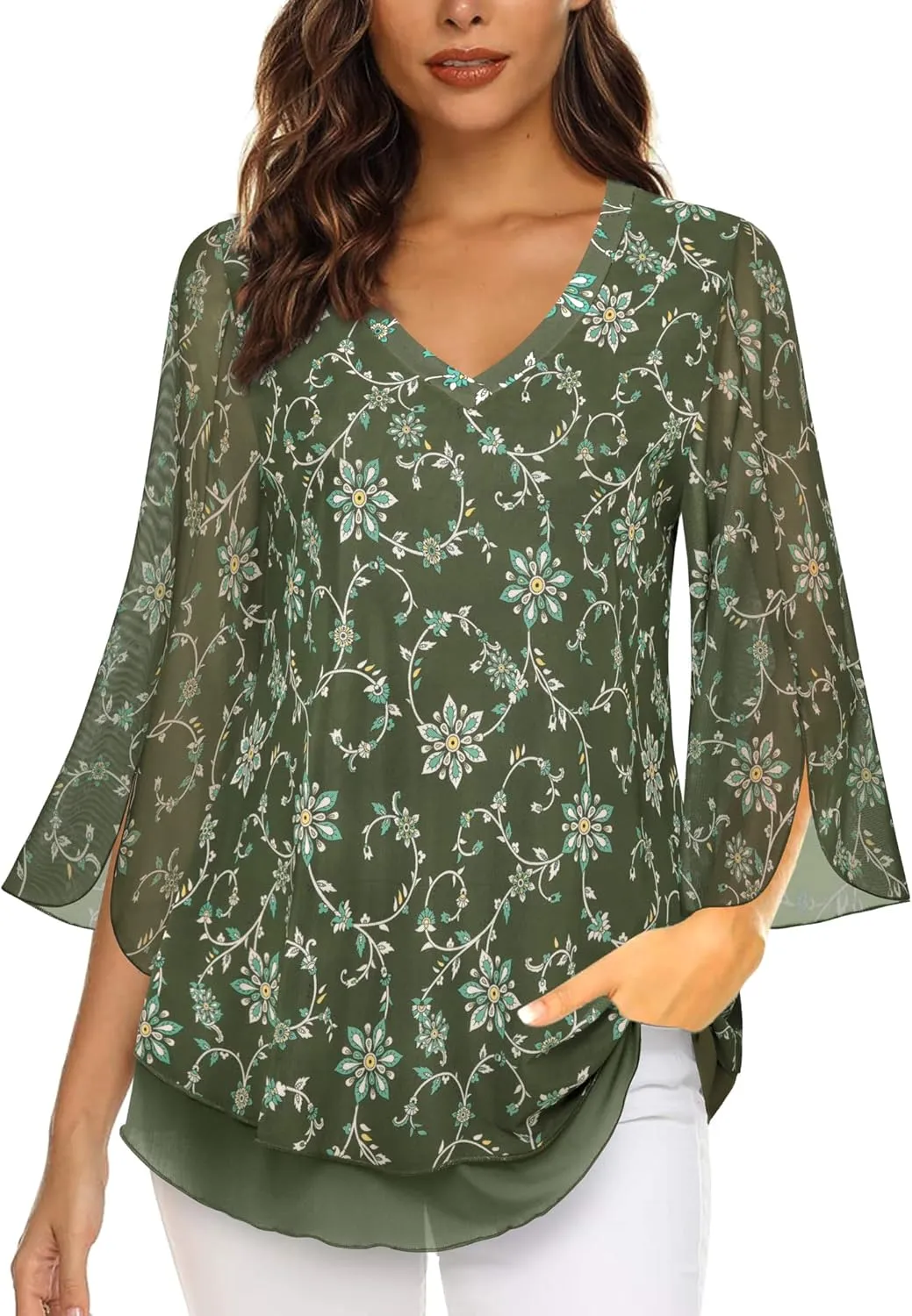 Timeson Women's 3/4 Sleeve Floral Blouses Shirts Double Layers V Neck Dressy Tunics Tops