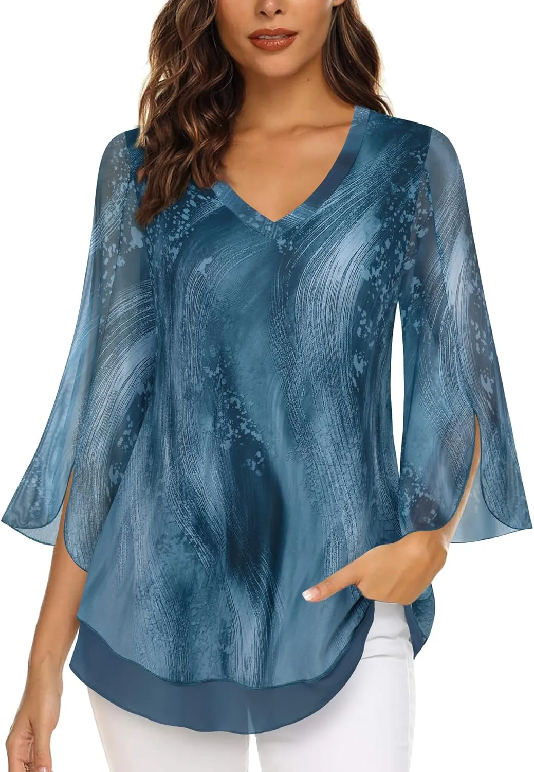 Timeson Women's 3/4 Sleeve Floral Blouses Shirts Double Layers V Neck Dressy Tunics Tops