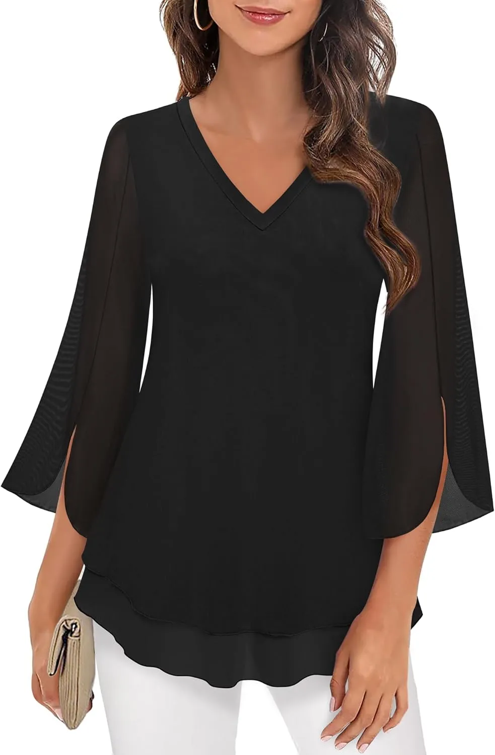 Timeson Women's 3/4 Sleeve Floral Blouses Shirts Double Layers V Neck Dressy Tunics Tops