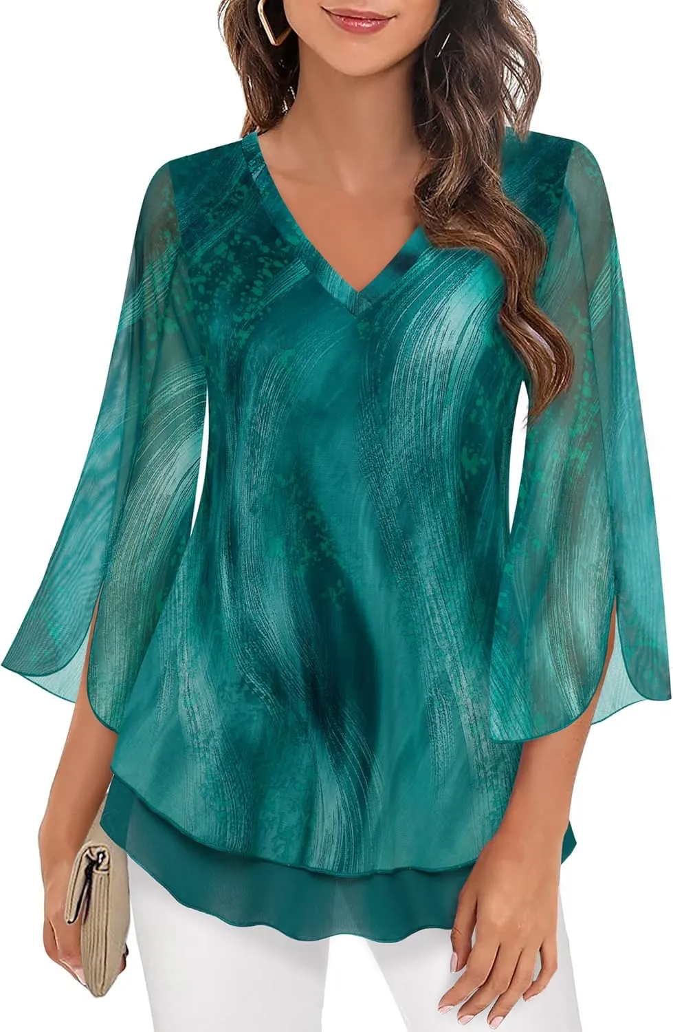 Timeson Women's 3/4 Sleeve Floral Blouses Shirts Double Layers V Neck Dressy Tunics Tops