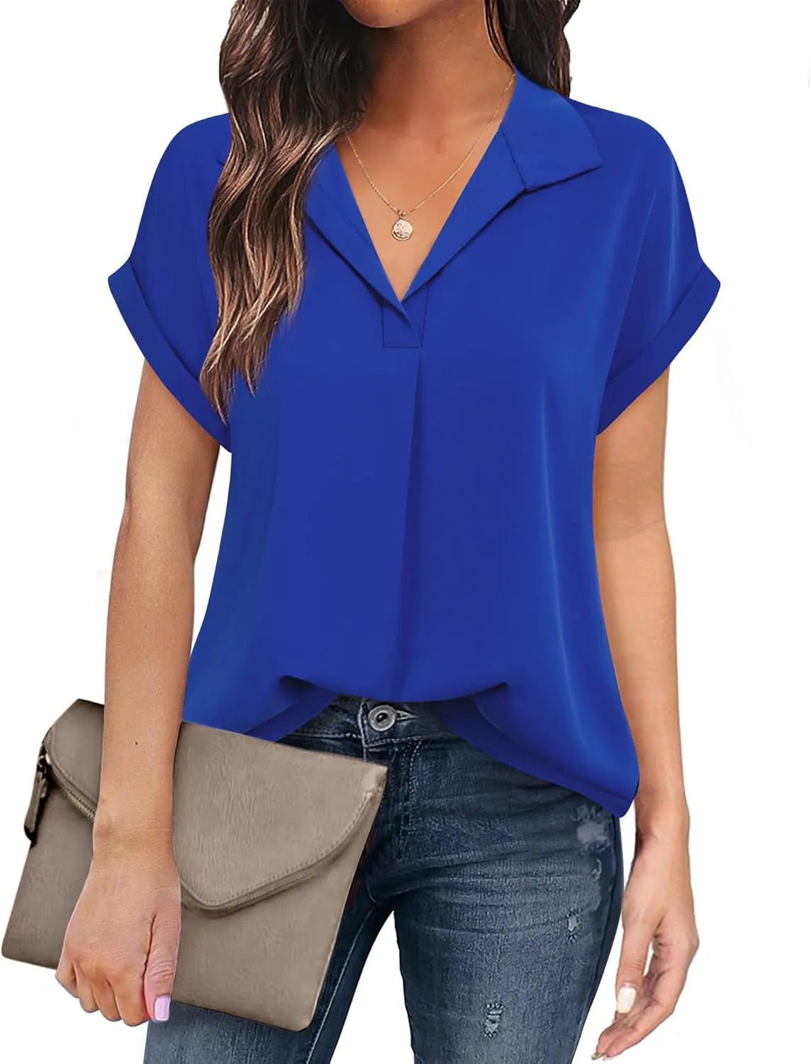 Timeson Women's Short Sleeve Chiffon Blouses for Office Work Business Attire Collared Shirts