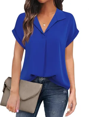 Timeson Women's Short Sleeve Chiffon Blouses for Office Work Business Attire Collared Shirts