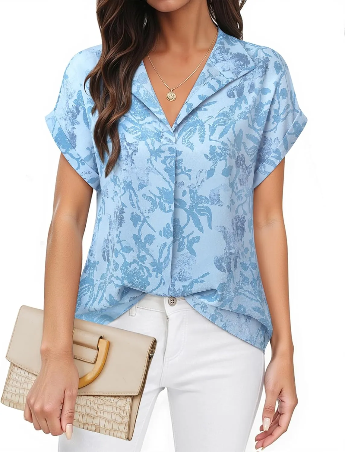 Timeson Women's Short Sleeve Chiffon Blouses for Office Work Business Attire Collared Shirts