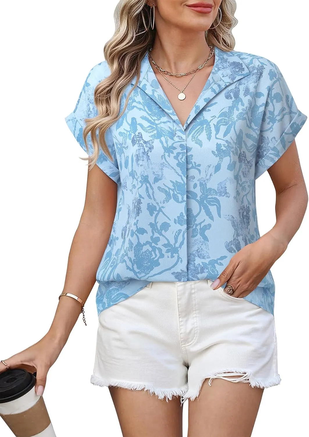 Timeson Women's Short Sleeve Chiffon Blouses for Office Work Business Attire Collared Shirts