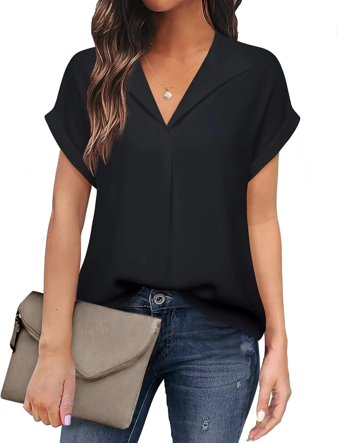 Timeson Women's Short Sleeve Chiffon Blouses for Office Work Business Attire Collared Shirts