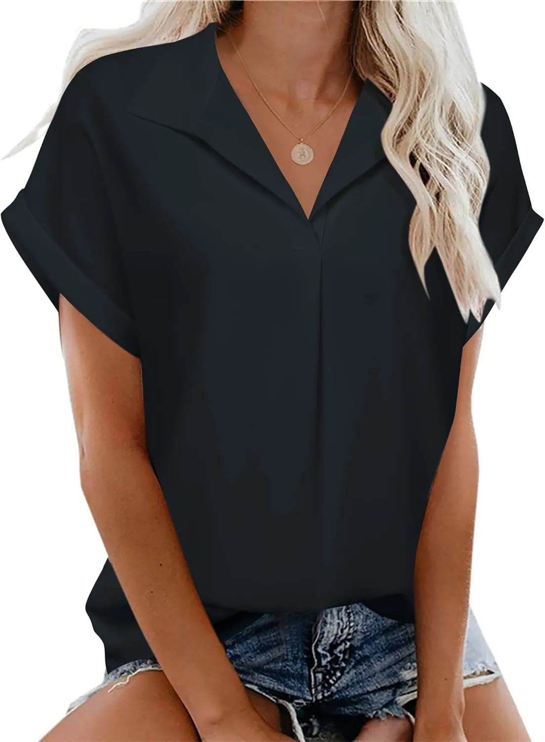 Timeson Women's Short Sleeve Chiffon Blouses for Office Work Business Attire Collared Shirts
