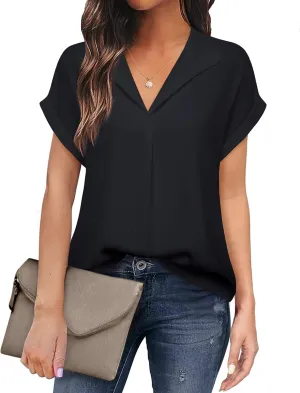 Timeson Women's Short Sleeve Chiffon Blouses for Office Work Business Attire Collared Shirts