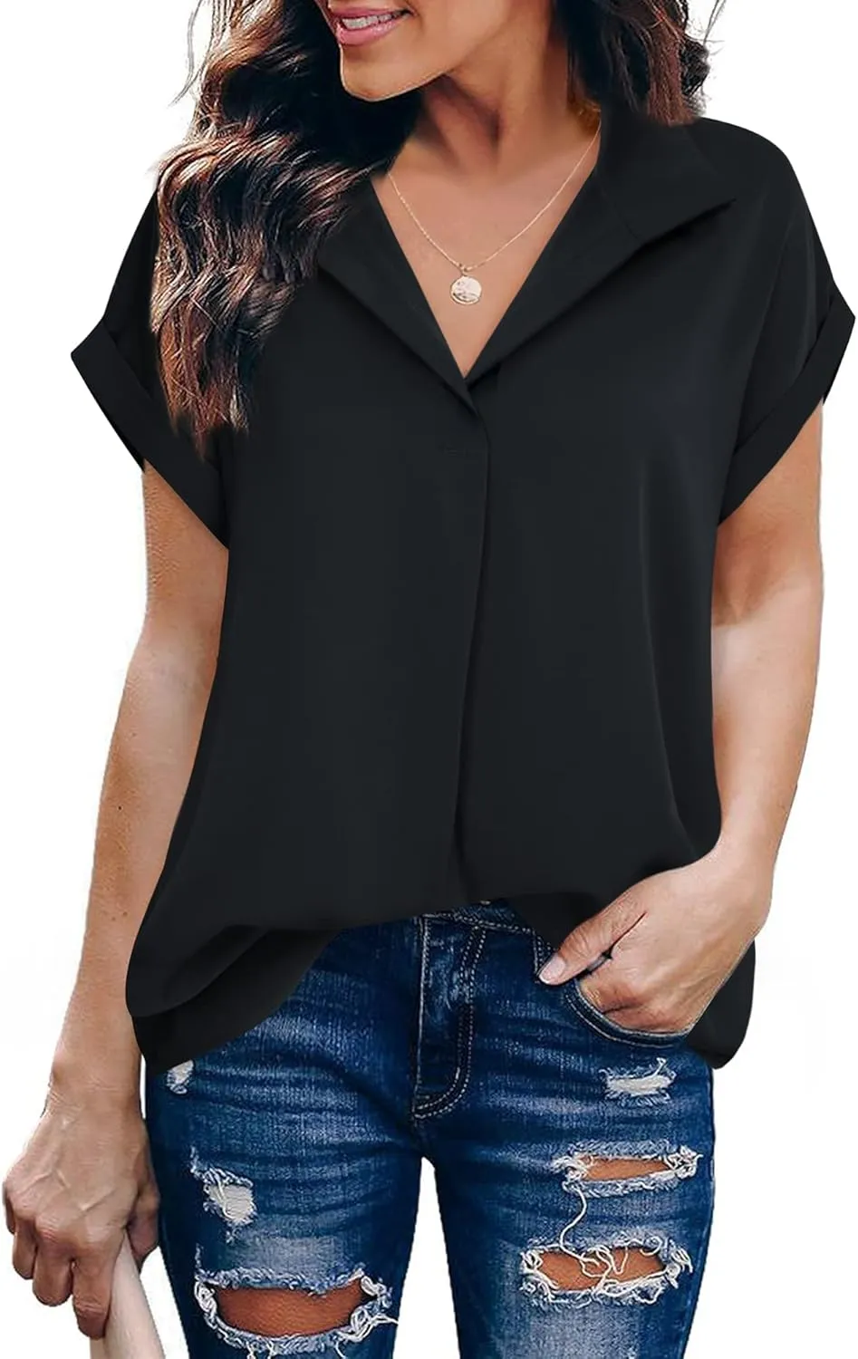 Timeson Women's Short Sleeve Chiffon Blouses for Office Work Business Attire Collared Shirts