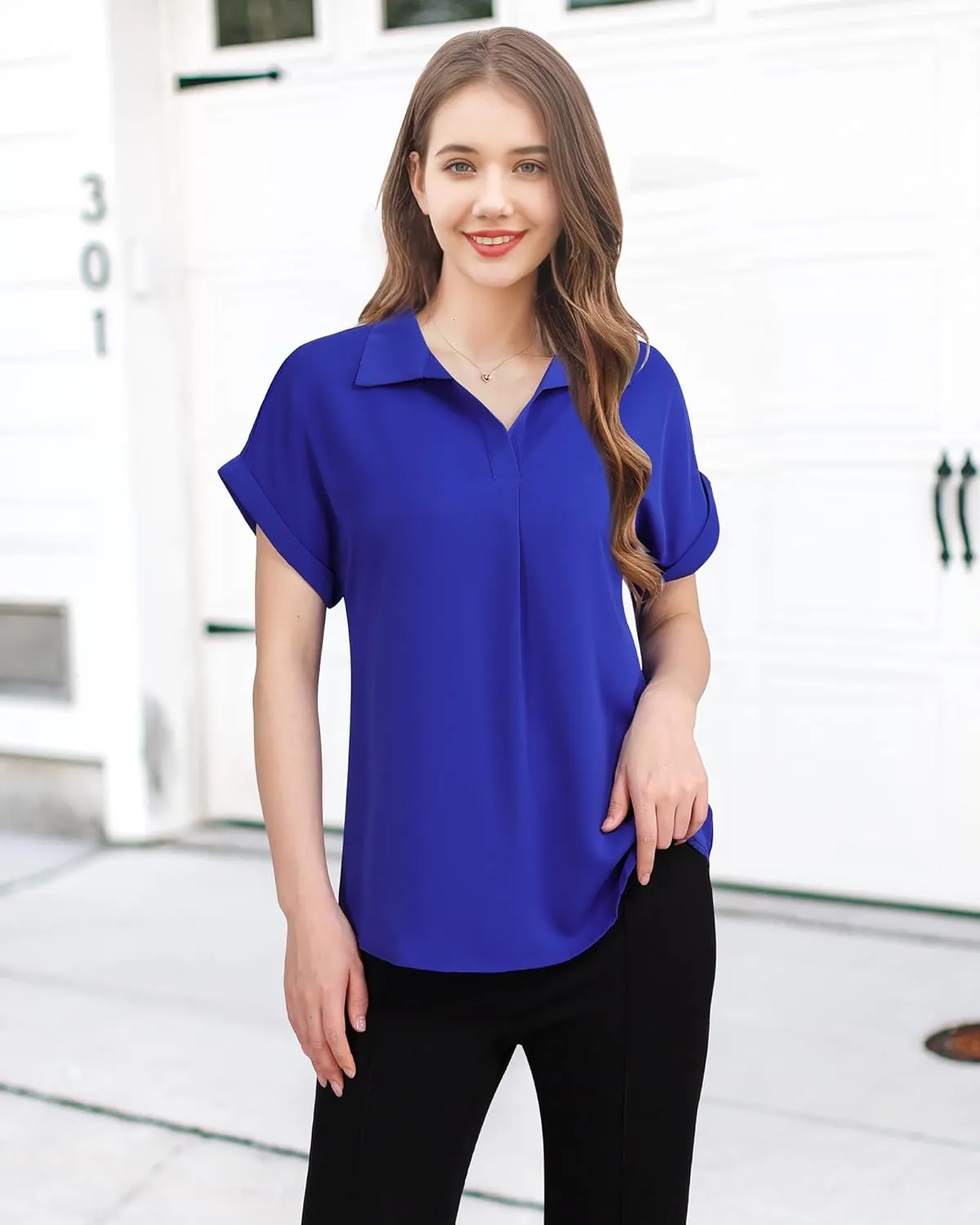 Timeson Women's Short Sleeve Chiffon Blouses for Office Work Business Attire Collared Shirts
