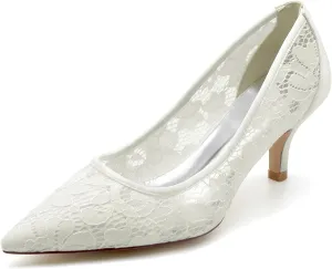 TNXZ 2.36'' Bridal Wedding Shoes, Women Pointed Toe Kitten Heel Pumps with Lace Embroidery Wedding Bridal Shoes Wedding Reception Shoes