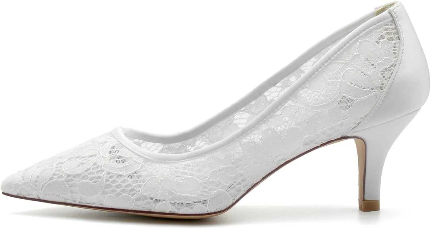TNXZ 2.36'' Bridal Wedding Shoes, Women Pointed Toe Kitten Heel Pumps with Lace Embroidery Wedding Bridal Shoes Wedding Reception Shoes