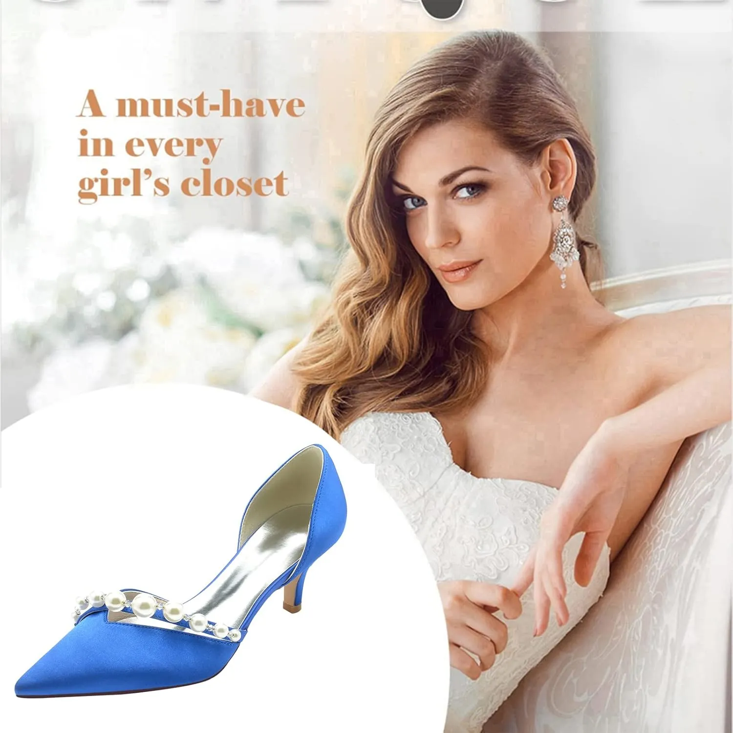 TNXZ 2.36'' Pointed Toe Kitten Heel Pumps with Pearls Slip on Wedding Bridal Dancing Satin Shoes Mid Heel Pearl Strappy