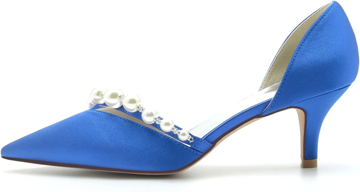 TNXZ 2.36'' Pointed Toe Kitten Heel Pumps with Pearls Slip on Wedding Bridal Dancing Satin Shoes Mid Heel Pearl Strappy