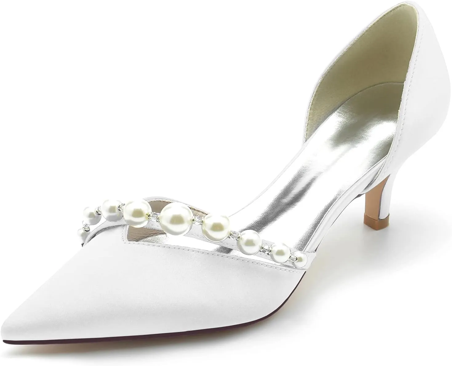 TNXZ 2.36'' Pointed Toe Kitten Heel Pumps with Pearls Slip on Wedding Bridal Dancing Satin Shoes Mid Heel Pearl Strappy