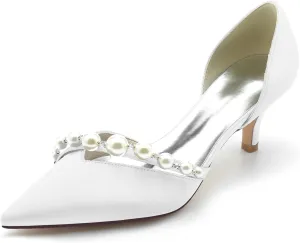 TNXZ 2.36'' Pointed Toe Kitten Heel Pumps with Pearls Slip on Wedding Bridal Dancing Satin Shoes Mid Heel Pearl Strappy