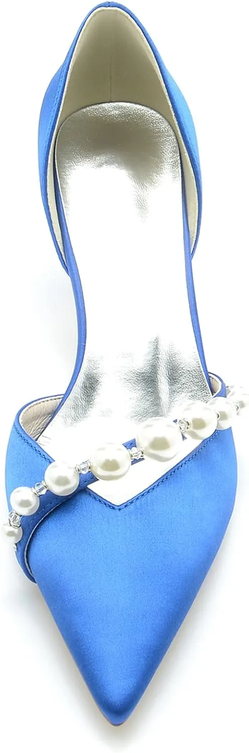 TNXZ 2.36'' Pointed Toe Kitten Heel Pumps with Pearls Slip on Wedding Bridal Dancing Satin Shoes Mid Heel Pearl Strappy