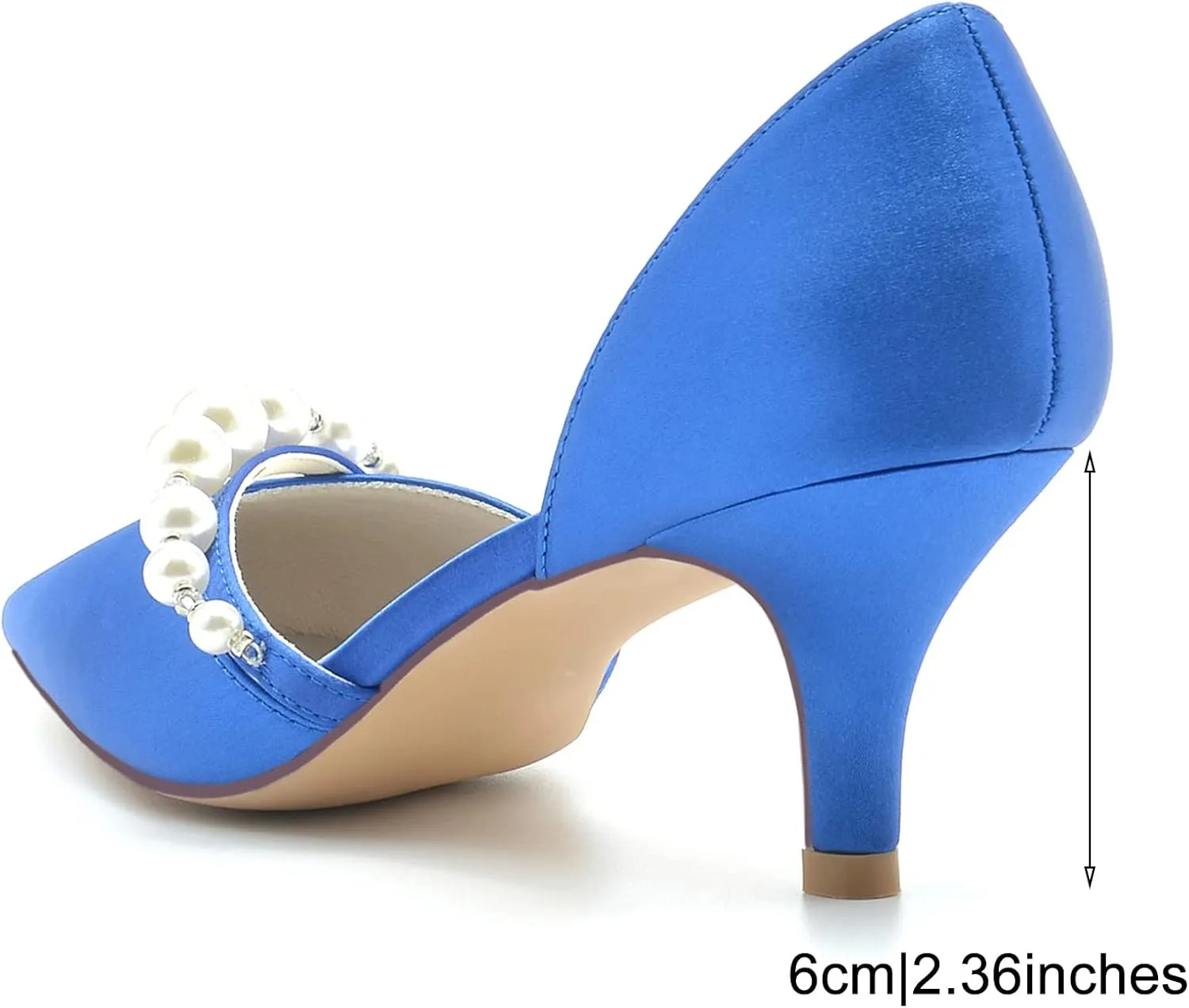 TNXZ 2.36'' Pointed Toe Kitten Heel Pumps with Pearls Slip on Wedding Bridal Dancing Satin Shoes Mid Heel Pearl Strappy
