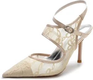 TNXZ 3.3'' Bridal Wedding Shoes Lace Satin Bridesmaids Prom Party Women Pointed Toe Stiletto Pumps Dress Pumps Sandals