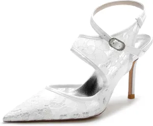 TNXZ 3.3'' Bridal Wedding Shoes Lace Satin Bridesmaids Prom Party Women Pointed Toe Stiletto Pumps Dress Pumps Sandals