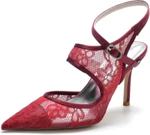 TNXZ 3.3'' Bridal Wedding Shoes Lace Satin Bridesmaids Prom Party Women Pointed Toe Stiletto Pumps Dress Pumps Sandals