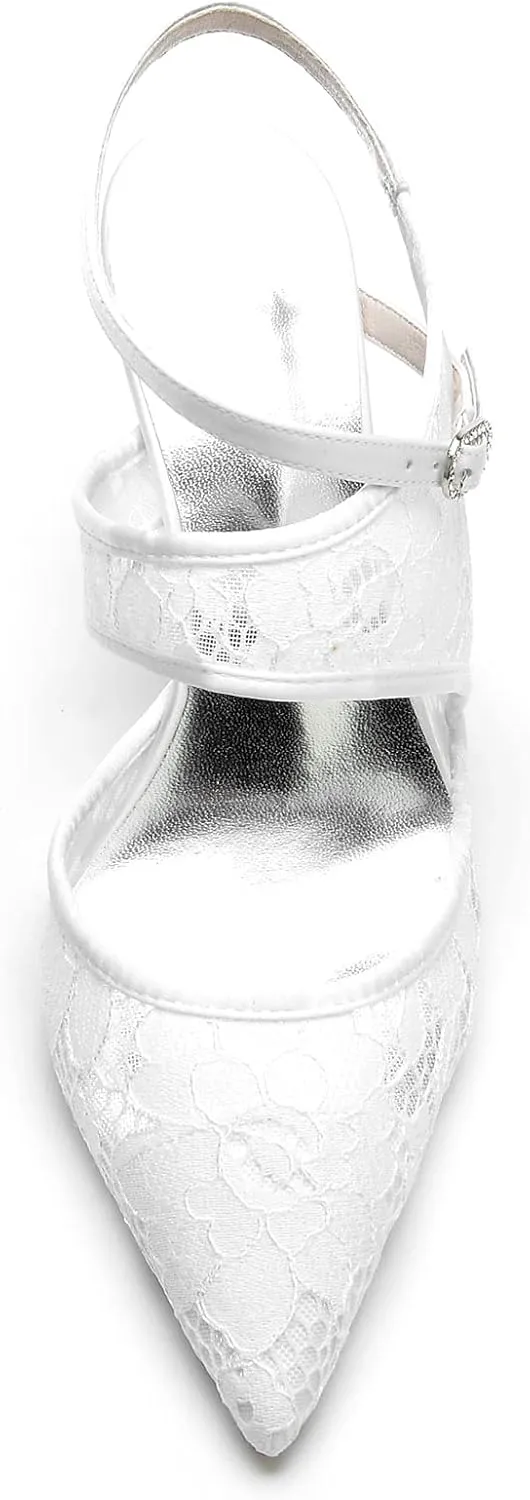 TNXZ 3.3'' Bridal Wedding Shoes Lace Satin Bridesmaids Prom Party Women Pointed Toe Stiletto Pumps Dress Pumps Sandals