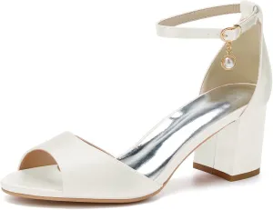 TNXZ 6Cm Women Satin Peep Toe Block Heel Sandals Bridal Wedding Shoes for Bride Ankle Strap Buckle Bridesmaid Shoes